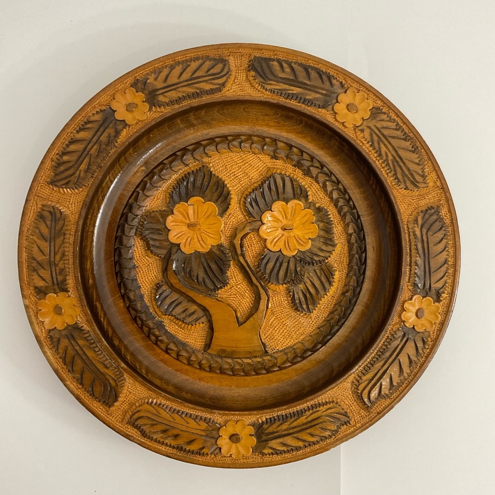 Vintage Carved Wooden Floral Bowl Collection Plate